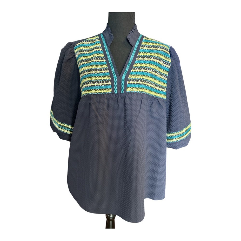 Grace & Karma Women Navy Green Embroidered Blouse Top Size 1X